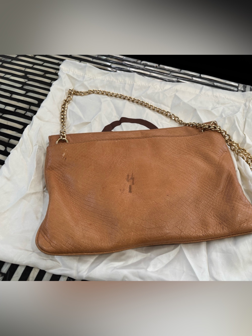 Authentic Michael Kors Cognac Textured Leather Shoulder Bag with Gold Chain - Picture 6 of 12